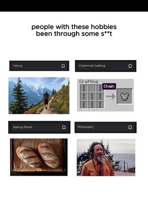 The cover image is a white background with several frames containing different hobbies. The top row features "Hiking" with an image of a person hiking in the mountains, "Chainmail Crafting" with images of game-like crafting interface. The second row features "Baking Bread" with an image of baked bread, and "Philosophy" with an image of a man. The phrase "people with these hobbies been through some s**t" is written in white text at the top.