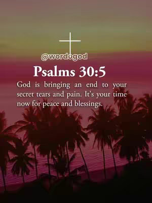 The image features a sunset or sunrise background with pink, orange, and yellow hues. Silhouetted palm trees are visible in the bottom part of the image. At the top, a white cross sits above the Instagram handle @wordogod. Centered in the image is text in a bold, dark red font, stating Psalms 30:5 and the verse content. The overall aesthetic is peaceful and spiritually themed.