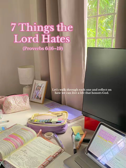 A cozy desk scene with open books, a Bible, pens, and a monitor set against a bright window. Text overlays with the title '7 Things the Lord Hates' and a related bible verse. The overall vibe is inspirational and educational.