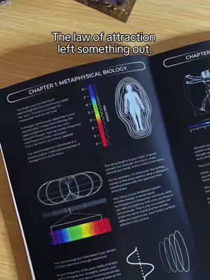 The image shows an open book with text and diagrams, possibly related to metaphysical or spiritual concepts, with a title overlay.