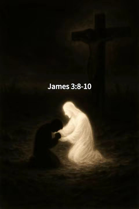 An artistic image depicting a dark scene with a silhouette of a kneeling person with hands together in prayer, facing a glowing figure of Jesus Christ. A cross is visible in the background. The text reads "James 3:8-10."