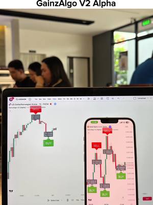 The cover image shows a laptop and a phone displaying trading charts, with the text "GainzAlgo V2 Alpha" at the top.