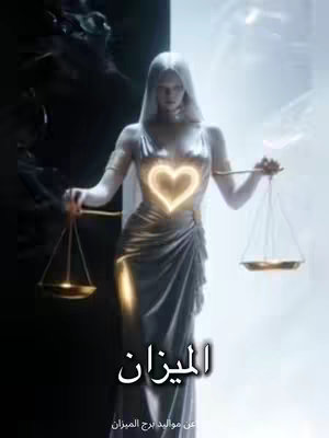 The cover image features a statue-like figure of a woman holding scales, with half of the background in dark shadow and the other half in glowing white light. A heart shape is visible, radiating light from the chest of the woman figure, and the text "الميزان" overlays the image. The image has an overall mystical and elegant feel.