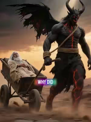 A digital artwork depicts a desert scene with a demonic figure pulling a cart containing an elderly man resembling Moses. The devil is muscular, horned, and has large black wings, and the man is dressed in white robes. The overall color palette is warm, with orange and brown hues.