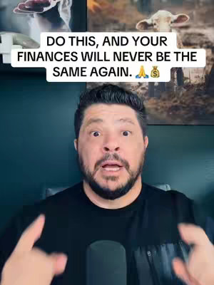 A man with a surprised expression is in the foreground, with hands pointing down. A text box is in the upper portion of the image, with framed images of religious symbols behind the man in the background, with a dark green background.