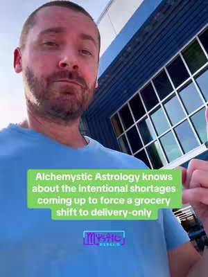 A man with a beard wearing a blue shirt is looking at camera. A green box overlay displays white text about astrology.
