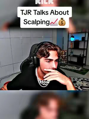 A young man with styled brown hair sits in a gaming chair, with a black shirt and a silver diamond necklace while looking at the camera thoughtfully; a text overlay reads, in a white rectangular speech bubble, "TJR Talks About Scalping".