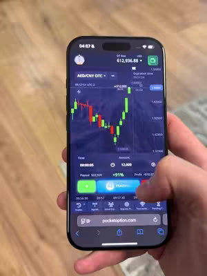 A hand holding a black smartphone displaying a trading app interface. The screen showcases a candlestick chart in green and red, with a focus on the price movements of a currency pair. The smartphone's screen overlays the app features and analysis.