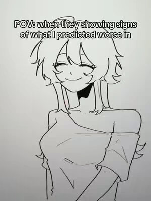 A black and white line drawing of an anime-style character with short, spiky hair, a slight smile, and a casual off-the-shoulder top. Text is overlaid at the top.