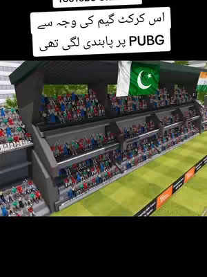 A 3D rendered scene of a cricket stadium. The stands are filled with spectators, some with visible red and green attire. A large Pakistani flag with a crescent and star is seen on the left side. The field is green. In the top left is white text in a black box.