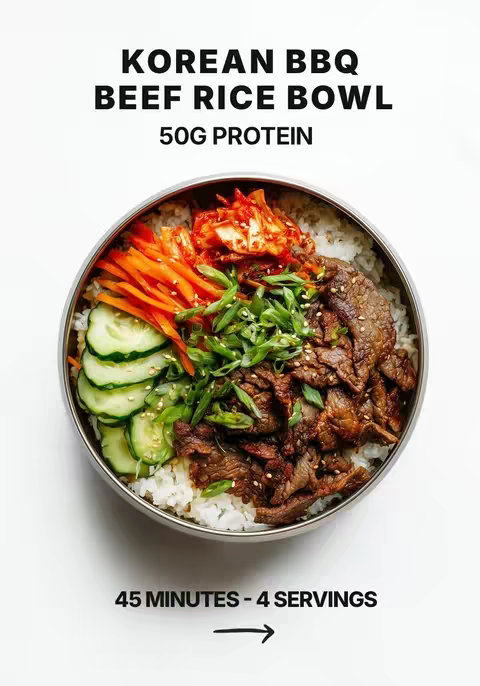 A top down shot of a Korean BBQ Beef Rice Bowl in a silver bowl against a white background. The bowl is filled with white rice, topped with layers of various ingredients: red kimchi, julienned orange carrots, sliced green cucumbers, chopped green onions, and sliced cooked beef. At the bottom of the bowl, there is a text that says '45 MINUTES - 4 SERVINGS' with an arrow pointing to the right.