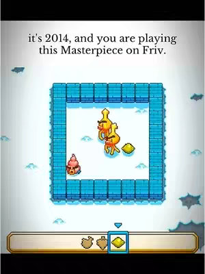 The image is a screen capture of a retro video game, framed in a vertical layout. At the top, there is a text overlay. Inside the main section, a rectangular structure of light blue rectangles with an inner scene displayed. Inside the game scene, cartoon characters are interacting. Along the bottom of the image is a light brown bar with icons for game elements.