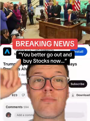 The cover image is a vertical video screenshot featuring a man with glasses in the foreground, pointing to the left. Behind him, a screenshot from what appears to be a news broadcast shows a room of people, including a man who may be former President Trump, at a desk. Various text overlays are added for context and to serve as a hook.