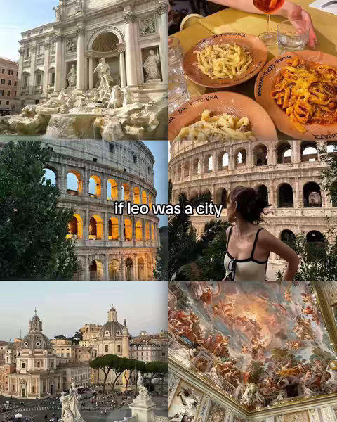 A collage of images featuring iconic locations and food from Rome, alongside a photo of a person looking at one of the landmarks.
