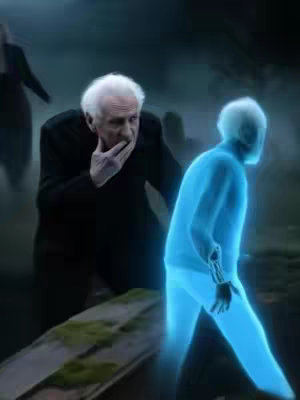 The image depicts a somber scene. A man in a black coat is leaning over a stone structure, his expression one of contemplation or grief. Beside him, a translucent figure with glowing blue outlines is emerging. The background is dark and blurred, suggesting a graveyard or a melancholic setting.