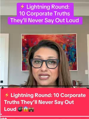 The image features a woman with brown hair and glasses against a blurred background. The top of the image has a red and purple banner with text, and a bottom red and black banner also with a text.