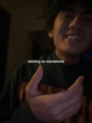The cover image shows a young man, angled from the chest up, set in a dimly lit indoor environment. The man is smiling, turned slightly away from the camera, with a dark hoodie visible. The text overlay, "wishing on dandelions," appears at the bottom center of the frame in white lettering, adding context to the video's theme.