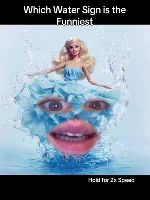 A Barbie doll is positioned over a simulated water background. The doll's face is replaced with large, human-like eyes and a mouth, also appearing in the water. Text at the top says, 'Which Water Sign is the Funniest?'