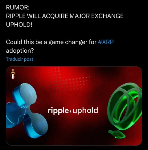 The image has a black background with a red gradient at the bottom. At the top, there is white text on the text overlay that states "RUMOR: RIPPLE WILL ACQUIRE MAJOR EXCHANGE UPHOLD!". Beneath the text, there is a question in white text that is asking if this rumor can be a game changer for XRP adoption. In the foreground, against the red gradient, there is a metallic blue ripple logo on the left, and a metallic, green, Uphold logo on the right.