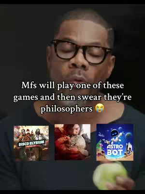 A selfie-style image featuring a Black man wearing glasses. He has a slightly quizzical expression. Above him is white text. Below, centered, are three small images that look like video game covers. To the right, he has a green apple as if he is holding it.