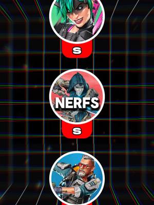 The image is a graphic with a grid background of intersecting lines in a dark color scheme, overlaid with multiple circular images of Apex Legends characters and text. There are three circles vertically. The middle circle has the word "NERFS" in large text. Under the first and the second circle, there's an "S" inside a red rectangle.