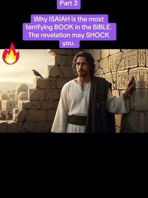 The image is a vertical composition featuring a man in white robes against a backdrop of stone walls and a city scene. A text overlay at the top reads 'Part 3' and further text below provides context. A flame icon is in the upper left corner. The man looks to the left with a grave expression.