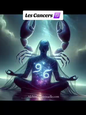 An image depicting a person in a meditative pose with the Cancer zodiac symbol illuminated within their chest. The figures sits in front of an ocean against a backdrop with crab claws positioned above the figure's head and the text "Les Cancers" displayed in a banner.