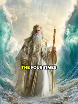 The image shows a digital artwork of a bearded man in white and gold robes, representing a biblical figure. He stands between walls of water, with the sky above. Bold, yellow text reads 'THE FOUR TIMES'.