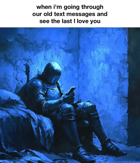 An AI-generated image depicts a knight in full armor sitting on a bed, gazing at their phone rendered in cool blue tones. The background portrays a stone wall, consistent with the overall somber and melancholic mood. The knight's helmet obscures their face, but their focused attention to a modern smartphone contrasts with the medieval attire, highlighting the emotional message in the text.