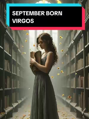 A digitally created image depicts a woman in a long, flowing gray dress standing inside a library. She has dark hair and is holding two books to her chest. The background is filled with bookshelves, and the space between the shelves is filled with light and floating yellow flower petals, with a black text overlay at the top with white text that reads 'SEPTEMBER BORN VIRGOS'.