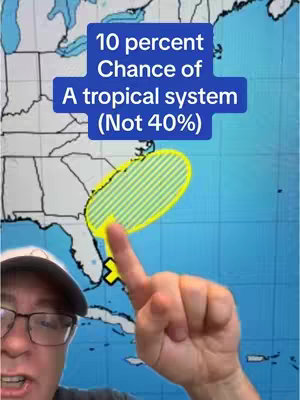 A man with glasses wearing a cap points to a map of the United States with a blue background, and the text overlay indicates weather update information.
