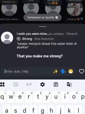 The image is a screenshot of a Spotify playlist. It shows a song titled 'Strong' by One Direction. The text overlays include song lyrics and comments, along with a keyboard at the bottom. The background is dark, with the song details highlighted in a slightly lighter area. The overall composition is a blend of music-related content and social media elements.