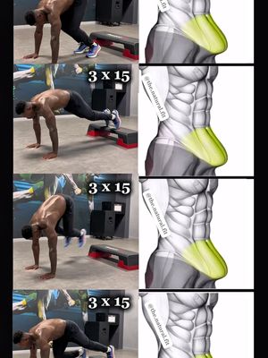 The cover image is a vertical collage showcasing four different exercises. On the left side, there are four sequential images of a man executing the exercise. The man is shirtless, wearing black pants and shoes. On the right side, each exercise matches a diagram with a yellow highlight indicating muscle engagement. The text overlay indicates the number of repetitions.