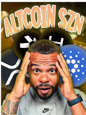 A man with dark hair and a short beard stares wide-eyed at the camera, hands on his head, with the background featuring crypto currency logos and the words \"ALTCOIN SZN\"