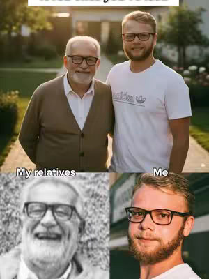 The cover image is a split composition. The upper section shows two men standing together outdoors, one older and one younger. Below, two smaller portraits of the men are displayed, showing close-up views of their faces. The men in the top image are standing in front of a garden or park-like setting with foliage and a pathway. The men are both wearing glasses and smiling. The bottom left portrait features a black-and-white photo of an older man, and the bottom right shows a younger man. The images feature text labels as well.