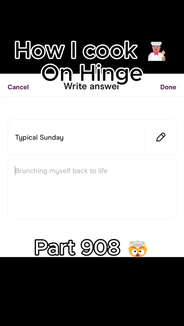 The cover image features a screenshot of the Hinge app's interface. Large white text overlays the image, the title is set against a black background. The words "How I cook" are on the top and "On Hinge" is in the middle, with part of an interface that provides the user the ability to write an answer. At the bottom, the text "Part 908".