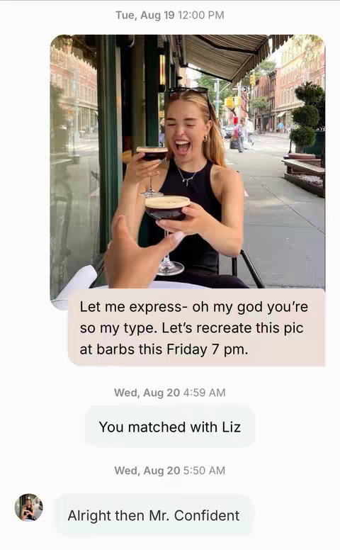An image of what appears to be text messages on a phone screen, featuring a woman laughing while holding a drink in a restaurant setting. The background includes a street view with buildings. The message bubbles include time stamps and text conversations.