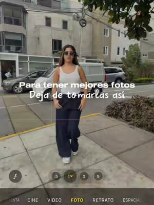 A woman stands on a sidewalk in front of a city street, with superimposed text urging viewers to improve their photos. The image is framed to simulate a phone camera interface with various settings visible at the bottom.