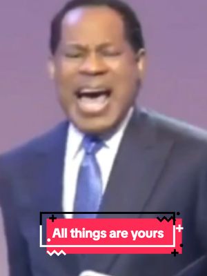 A man in a dark suit and blue tie is shown from the chest up, mid-speech with mouth open. Above a red and white box the hook text 'All things are yours' is written. The backdrop is a soft, blurred purple/pink.