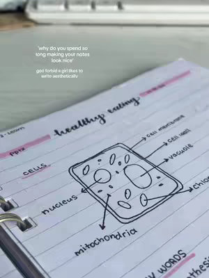 The image showcases a close-up of a notebook page with handwritten notes and a diagram of a plant cell. The page is filled with text in black ink and has a pink highlight. The diagram is in the center, with labels pointing to different parts like nucleus, cell wall, etc. The overall composition is organized, with a focus on educational content.