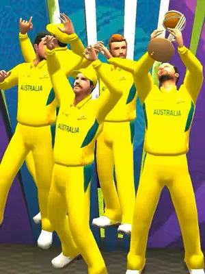 A vibrant illustration depicting a group of cricket players in animated style, celebrating a victory. They stand in various poses of elation, with arms raised and one player holding what appears to be a trophy. The players are uniformly dressed in yellow uniforms with teal accents, and the word "AUSTRALIA" is prominently displayed on their shirts. The background features a colorful, abstract design with vertical stripes of teal, purple, and blue. The composition is high-energy, suggesting a celebratory or competitive theme.