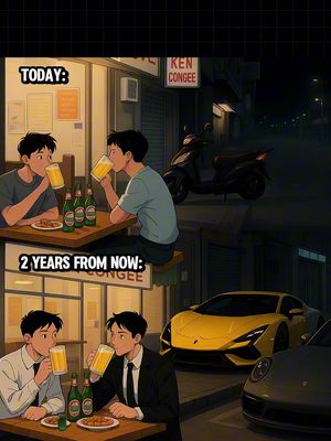 An AI-generated image compares life 'today' and '2 years from now'. The top half shows two men at a basic restaurant, drinking beer. The bottom half depicts the same men now in tailored suits driving a luxury sports car.