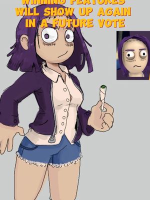 A cartoon-styled image with a purple-haired female character in a purple jacket interacting with another avatar of herself. The main character holds a rolled cigarette in her hand. Text in a yellow banner above reads, "WINNING FEATURES WILL SHOW UP AGAIN IN A FUTURE VOTE."