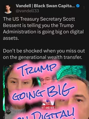 The cover image is a screenshot of a tweet about digital assets. The tweet is from Vandell | Black Swan Capital and states the US Treasury Secretary is going big on digital assets. The text overlay highlights 'TRUMP GOING BIG ON DIGITAL.' The image incorporates a blurred background of public figures and is overlaid with a pink, graffiti-style text.