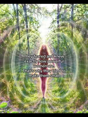 An ethereal image with a woman standing in a light-filled grove. Text overlayed over the woman and surrounding auras with a message.