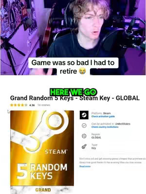 The cover image is a split screen featuring a person and an app listing. The top half is a selfie of a young man with curly blond hair, wearing a headset with a microphone. The bottom half shows a Steam game key called "Grand Random 5 Keys".