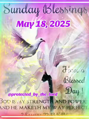 A vibrant image with a pastel color scheme. The top text reads 'Sunday Blessings' with the date 'May 18, 2025' below it. A dove in flight and abstract white floral-like elements fill the center. The text '@protected_by_the_lord' is present, along with scripture, all set against a blend of pinks, purples, and blues.