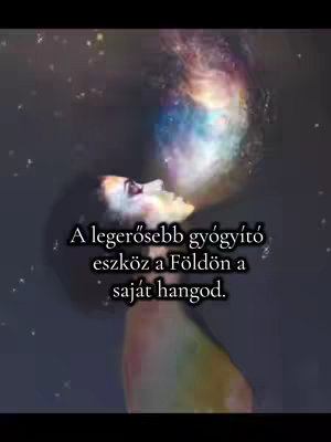 The image shows a woman from the chest up, looking upwards with her mouth open, and emanating a colorful, nebula-like shape from her mouth. The woman is slightly angled to the side, and the background is a gradient of dark blues and blacks with faint stars. The overlay text is in a simple, white font.