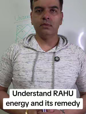A man in a gray hoodie stands in front of a white board with handwritten text and a diagram. Text overlayed at the bottom reads Understand RAHU energy and its remedy.