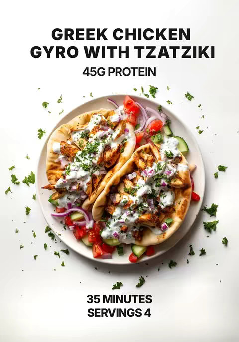 A top-down image of a plate with two halves of a pita bread sandwich. The sandwich is filled with grilled chicken, cucumber, red onion, tomatoes, and a creamy sauce. The plate is on a white background and surrounded by small pieces of fresh parsley. The image has text overlays at the top and bottom.